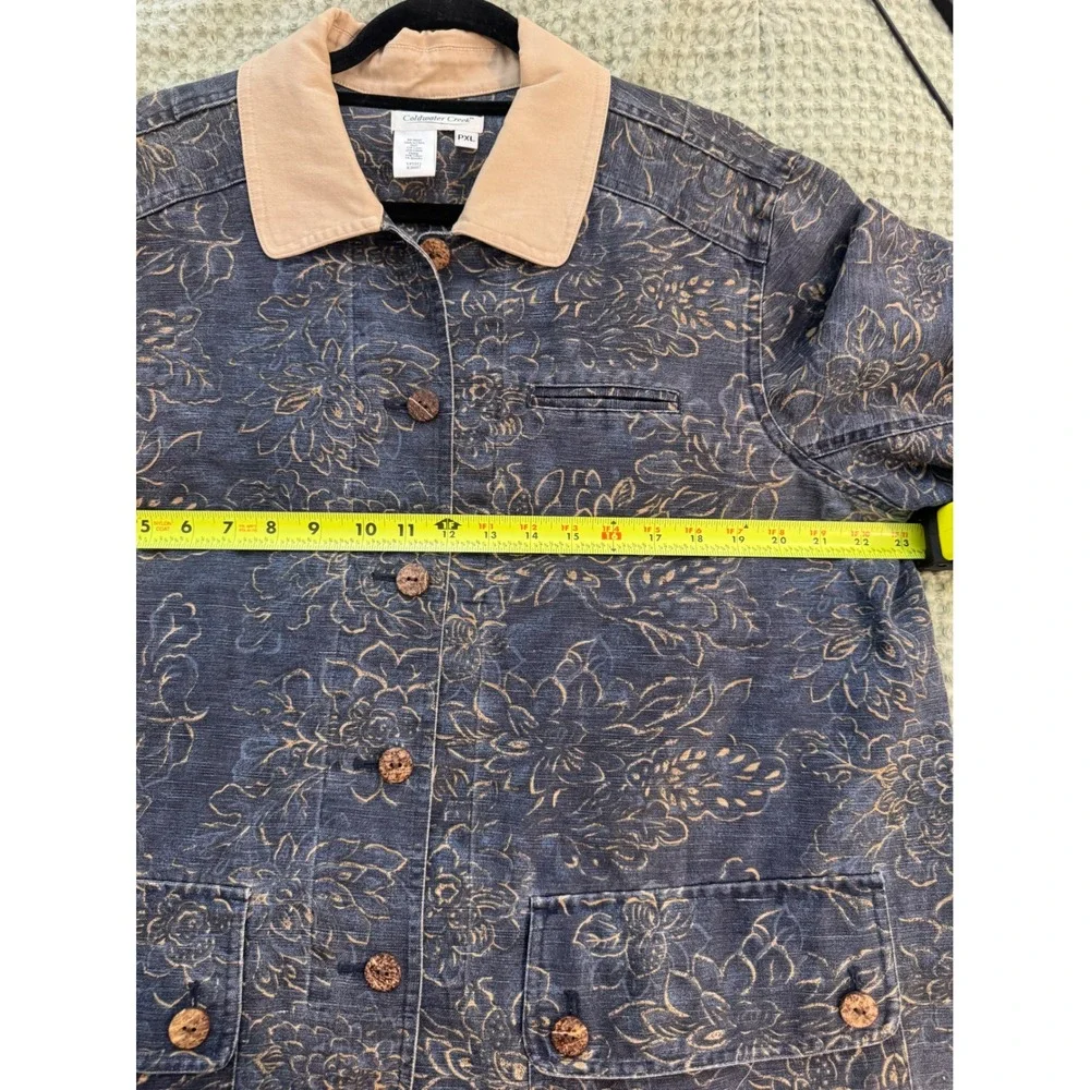 Coldwater Creek Womens PXL Linen Cotton Floral Chore Jacket Navy Tan Barn Coat